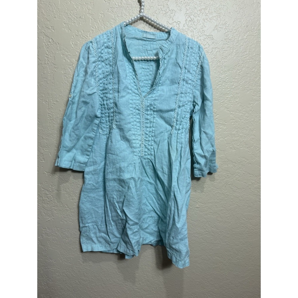 CP Shades Women Shift Dress Blue Linen V-Neck 3/4 Sleeve Roll Tab  Size S